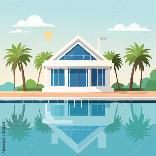 minimalist vacation home with pool palm trees. Minimalist concept of summer holiday, tropical escape