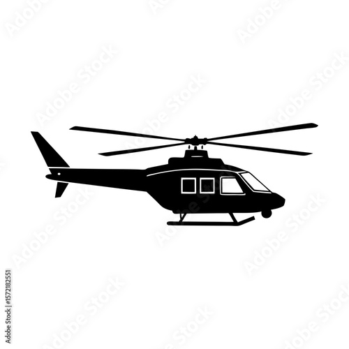 Illustration of a black helicopter with visible rotor blades and windows