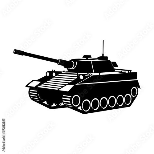 A black and white graphic illustration of a tank with a long barrel