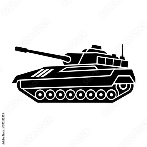 A black silhouette of a tank with a long barrel and many small wheels