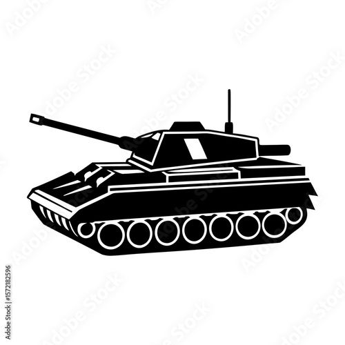 Illustration of a black tank with a long barrel and visible treads design