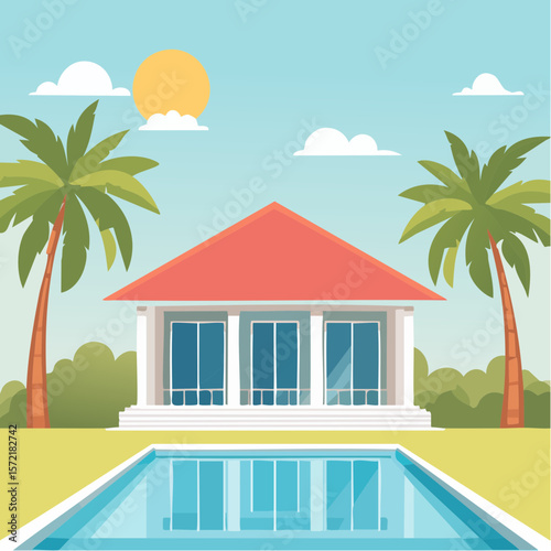 minimalist vacation home with pool palm trees. Minimalist concept of summer holiday, tropical escape
