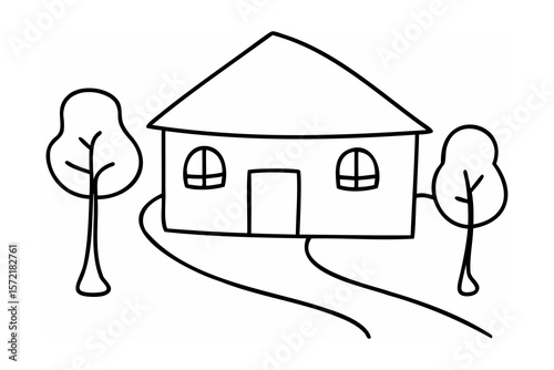 Simple house and trees drawing home dwelling