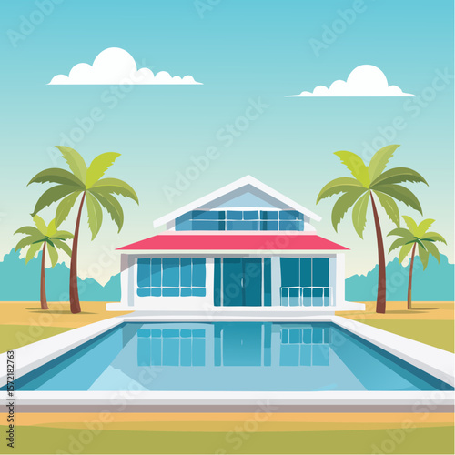 minimalist vacation home with pool palm trees. Minimalist concept of summer holiday, tropical escape