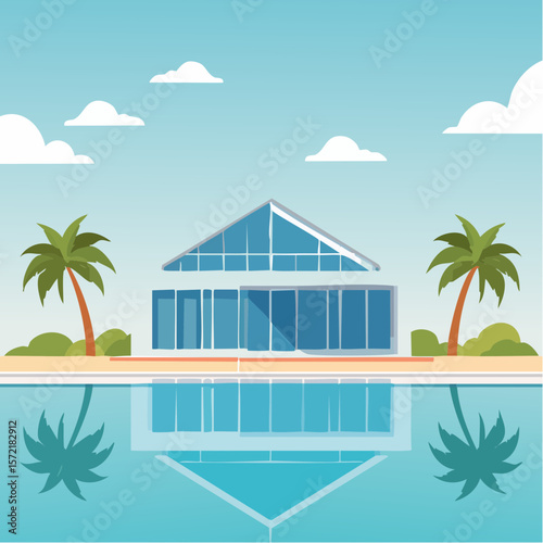 minimalist vacation home with pool palm trees. Minimalist concept of summer holiday, tropical escape