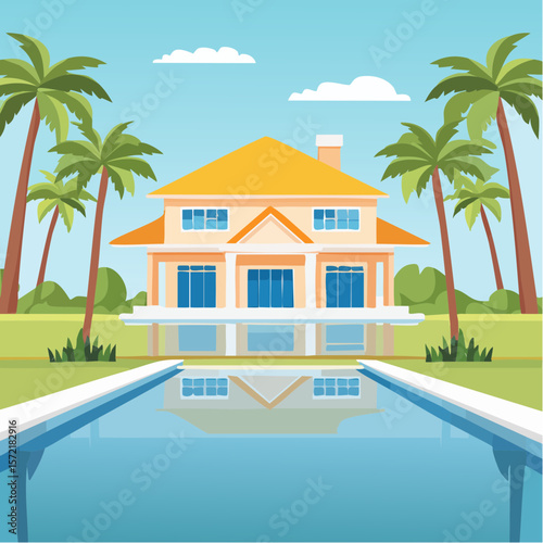 minimalist vacation home with pool palm trees. Minimalist concept of summer holiday, tropical escape