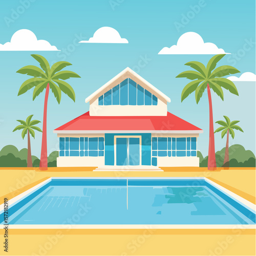 minimalist vacation home with pool palm trees. Minimalist concept of summer holiday, tropical escape