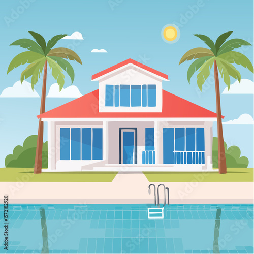 minimalist vacation home with pool palm trees. Minimalist concept of summer holiday, tropical escape