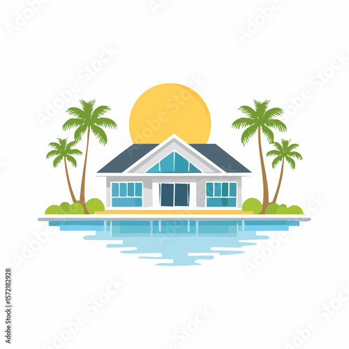 minimalist vacation home with pool palm trees. Minimalist concept of summer holiday, tropical escape