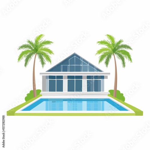 minimalist vacation home with pool palm trees. Minimalist concept of summer holiday, tropical escape