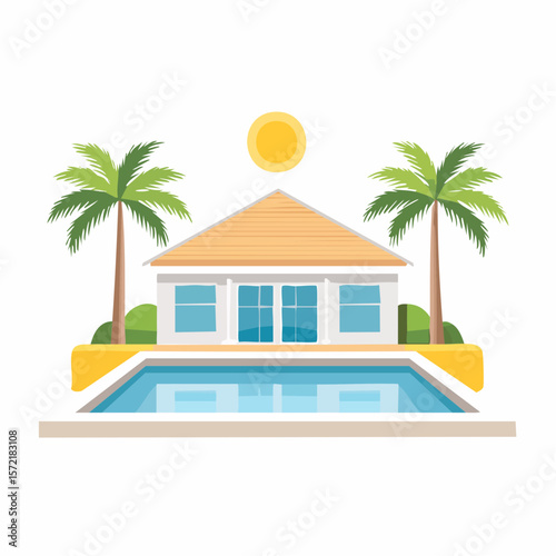 minimalist vacation home with pool palm trees. Minimalist concept of summer holiday, tropical escape
