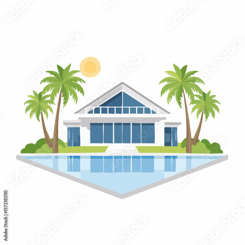 minimalist vacation home with pool palm trees. Minimalist concept of summer holiday, tropical escape