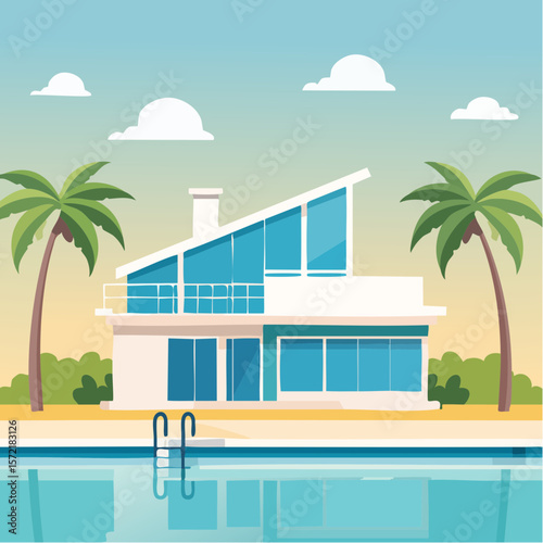 minimalist vacation home with pool palm trees. Minimalist concept of summer holiday, tropical escape