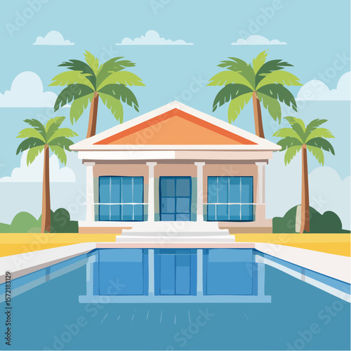 minimalist vacation home with pool palm trees. Minimalist concept of summer holiday, tropical escape