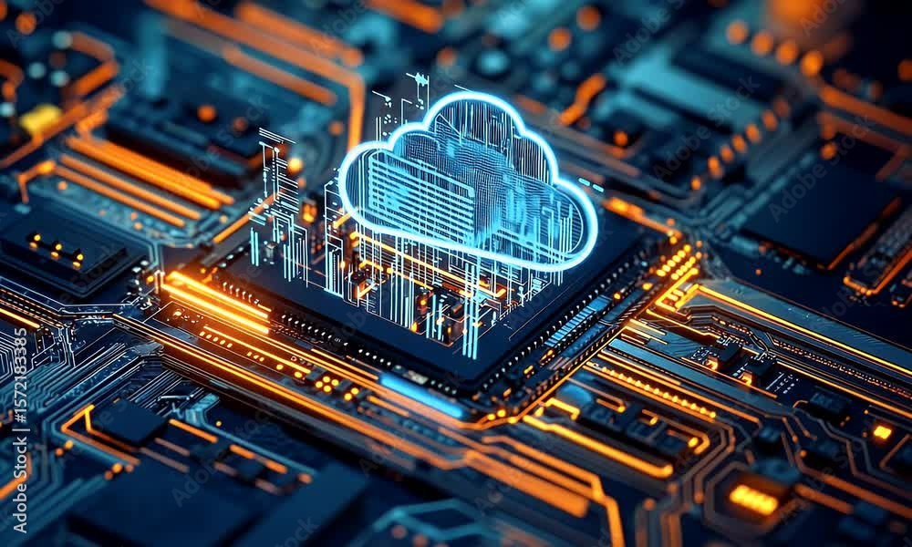 A cloud icon is displayed on the chip, with an abstract building in blue and orange tones. The background features high-tech elements such as circuit boards and wires,
