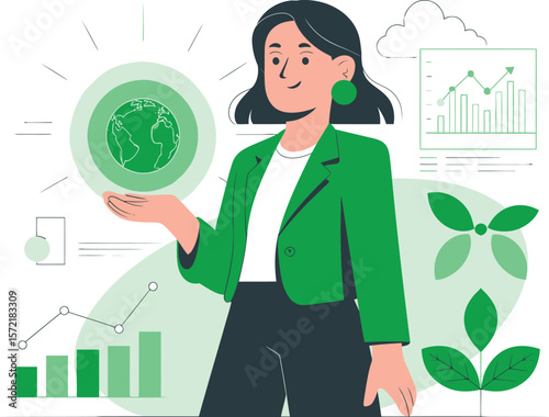 Woman holding glowing earth with green business growth charts and plant symbolizing sustainability. Vector Image, AI Generated