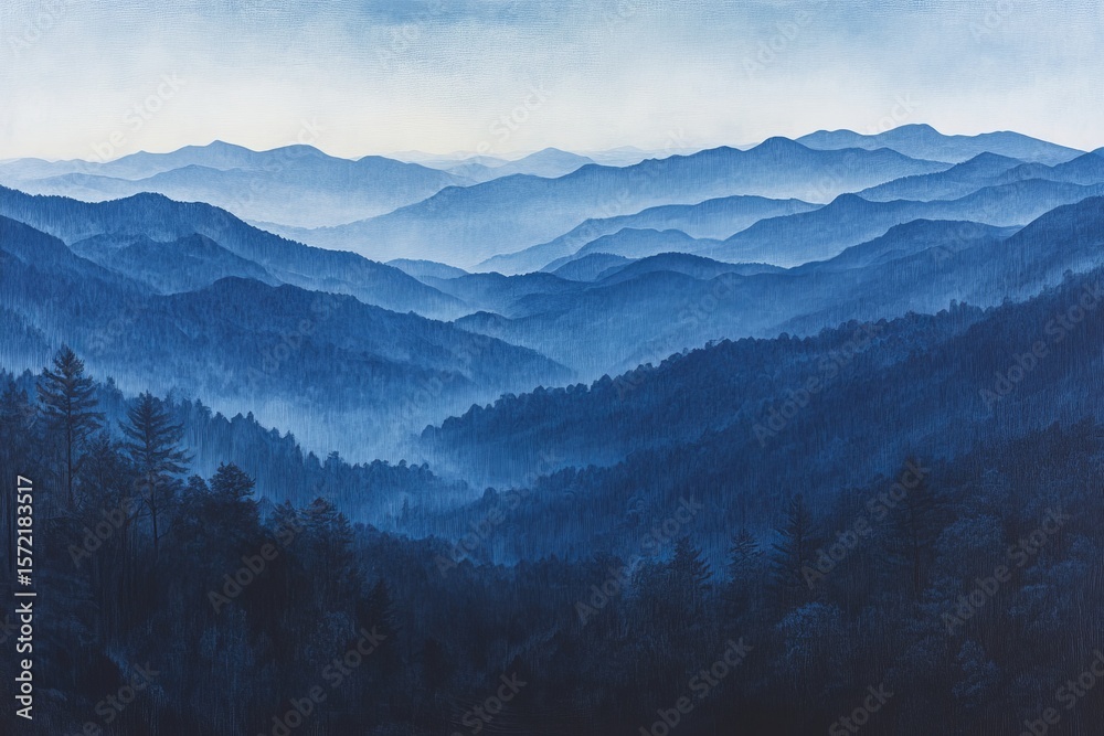 Fototapeta premium Serene blue mountain range landscape with layers of misty peaks and valleys, showcasing the depth and vastness of nature.