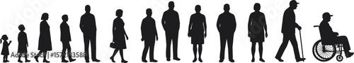 Silhouette life stages illustration, aging process concept, people growing old, human development, childhood to elderly, generational change, time passing visual
