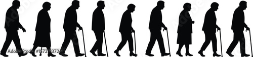 Silhouette of elderly men and women walking with canes, aging mobility aid, senior healthcare support, old people disability assistance scene