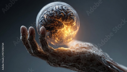 Futuristic Robotic Hand Holding Illuminated Brain Sphere in Science Fiction Style