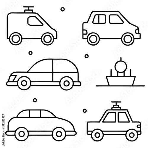 Simple line art depictions of various vehicles and a boat illustration ambulance