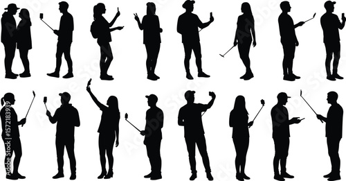 Silhouette people using smartphone selfie stick, couple and individual poses, social media content creators, travel photography, mobile lifestyle illustration