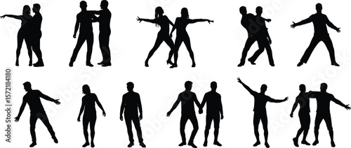 Silhouettes of dancing couples and individuals, partner dance moves, performance poses, expressive motion art, black figures, isolated people, movement concept, choreography