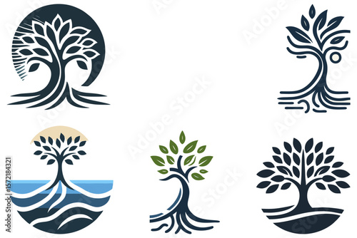 This is a vector image of a tree logo with roots in water, suitable for use in logo designs for nature care companies, nature lovers, repairs, mangroves, coastal plants, reforestation, communities, 