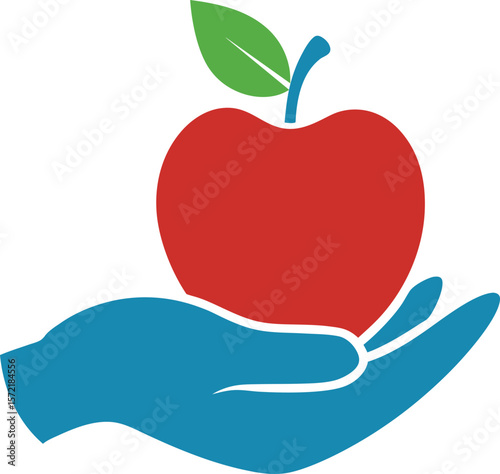 Blue hand gently holds a red apple with a green leaf