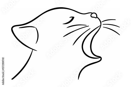Black line art of a yawning cat head feline animal