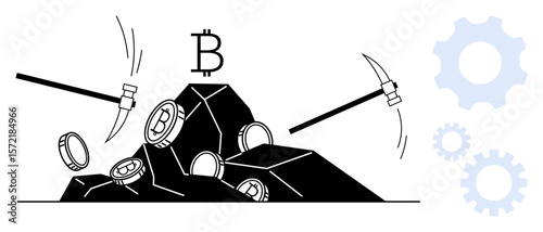 Pickaxes striking rocks to unveil Bitcoin coins with gear icons symbolizing technology and process. Ideal for cryptocurrency, blockchain, mining, technology, digital assets, finance, and innovation