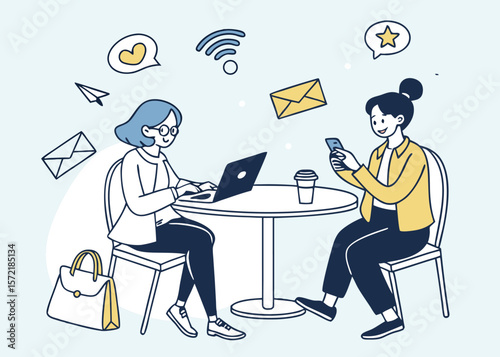 Flat Vector Illustration of Business Marketing Team Working Together Remotely with Mobile Phones and Laptops