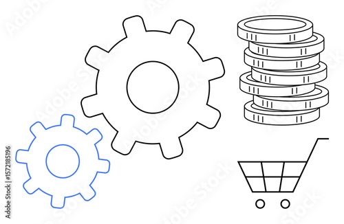 Gear mechanisms, stacked coins, and a shopping cart emphasize industry, finance, and consumerism. Ideal for business, technology, e-commerce economy production strategy innovation. Simple flat