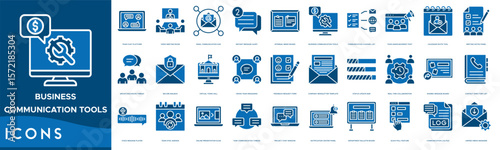 Business Communication Tools icon set. Team Chat Platform, Video Meeting Room, Email Communication Hub, Instant Message Alert, Internal Memo Board and Business Communication Tools