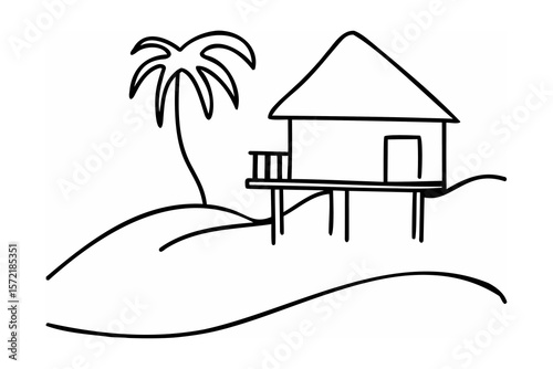Tropical island hut and palm tree vacation