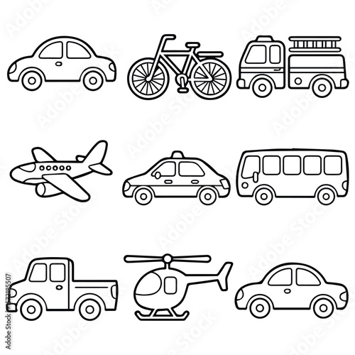 Vehicles transportation coloring page for kids car bike airplane bus truck helicopter taxi fire 