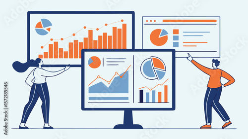 Flat Vector Illustration of Business Team Monitoring Web Report Dashboard for Data Analytics and Financial Planning