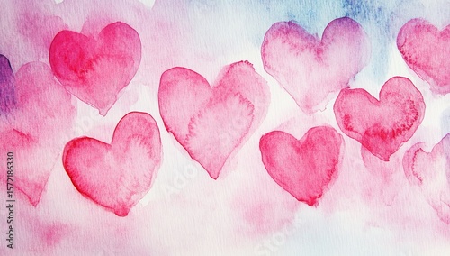 Watercolor hearts, pink, purple, blue background, romantic, love, Valentine's Day.