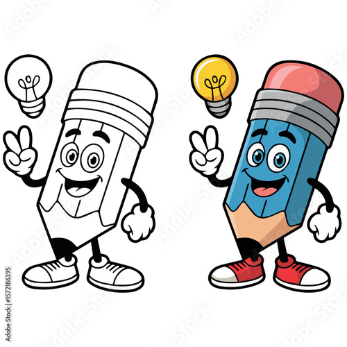 Cartoon pencil character drawing vector illustration for kids education and creative design projects