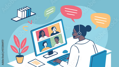 Flat Vector Illustration of Business Team Smart Working Remotely via Online Video Conference and Wireless Internet Technology