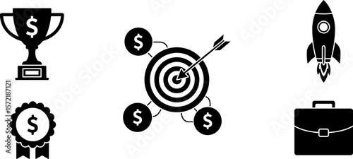 Business success concept showing trophy achievement target money and startup growth vector illustration