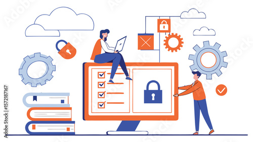 Flat Vector Illustration of Business Document Management System with Cloud Server Backup and IT Team Collaboration
