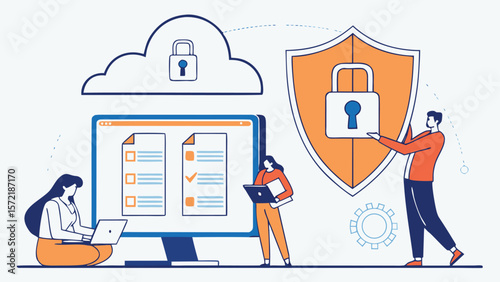 Flat Vector Illustration of Business Cloud Computing Service with Server Storage, Security Technology, and IT Team Collaboration