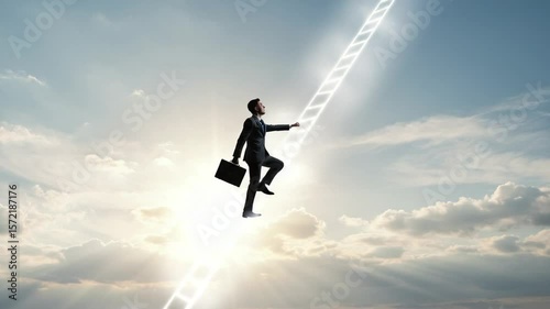 Businessman Climbing Ladder to Success in Bright Sky