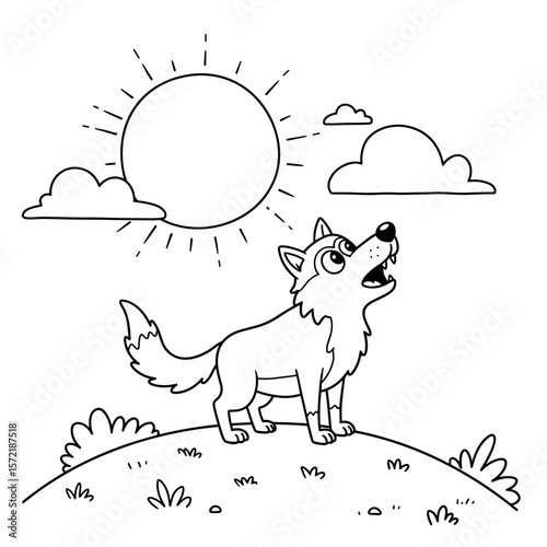 A cartoon wolf with expressive eyes stands on a grassy hill, gazing up at a bright sun with rays and floating clouds.