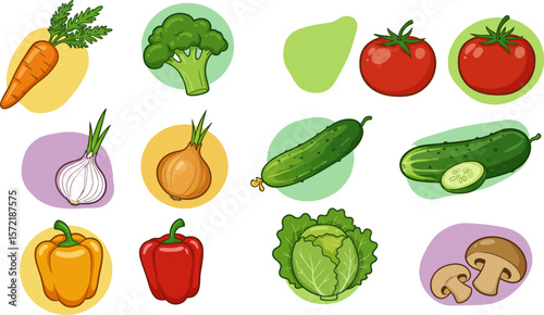 Vegetables illustration set vector drawing healthy food carrot tomato onion cucumber pepper broccoli
