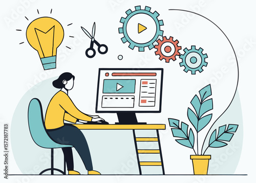 Flat Vector Illustration of Video Editor Team Working with Monitors for Video Clip Creation and Post-Production Process