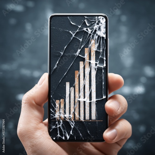 Symbol of digital recovery represented by a bar chart on a cracked phone screen, suggesting renewal.