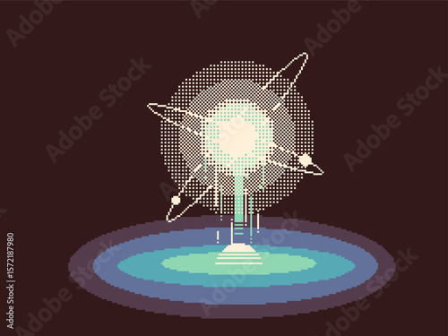 Molecule Light with Atom Suborbit ring Rising From Bottom, Pixel Art Style Illusration