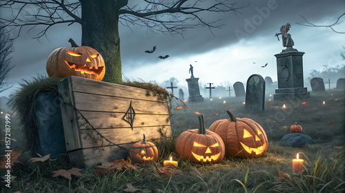 Spooky Halloween night graveyard with glowing jack o lanterns under a full moon gothic cross with
